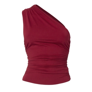 Detail view of wine red one shoulder tank top with side ruching and elastic fabric texture