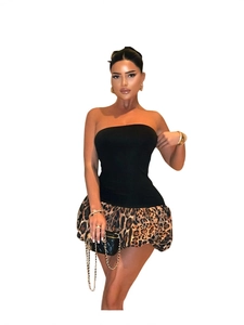Nauwsluitende strapless mini-jurk met zwart lijfje en rok met luipaardprint