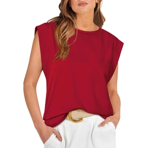 Detail view of dark red muscle tee showing shoulder pad structure and smooth fabric texture