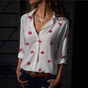 Women Fashion Long Sleeve Button Up Shirt Casual Loose Blouse With Red Lip Heart Print Turn Down Collar Chic Top