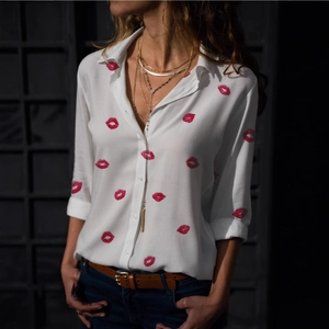 Women's summer white long sleeve button-up shirt featuring stylish red lip prints