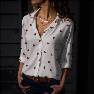Elegant white long sleeve shirt with red heart print and V-neck for stylish women