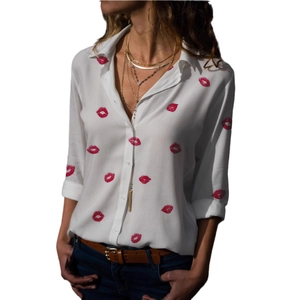 Women's long sleeve white button-down shirt featuring red lip prints and casual lapel style