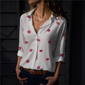 Elegant white long sleeve shirt with red lip print and classic button-down design