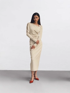 Elegant khaki slim fit long sleeve midi dress with an asymmetrical neckline and puff sleeves