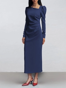 Slim fit navy blue midi dress with asymmetrical neck and side ruching detail