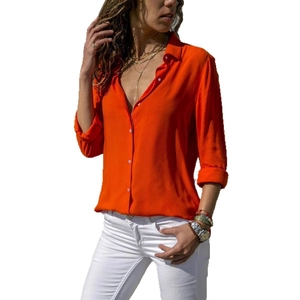 Elegant bright orange long sleeve button-up shirt for women with classic turn-down collar
