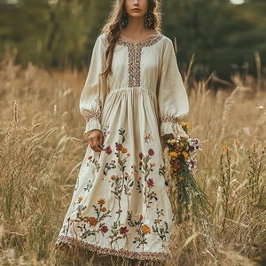 Robe Longue de Style Bohême Vintage pour Femmes Broderie Florale Décontractée Manches Bouffantes Volants Beige Robes d'Automne