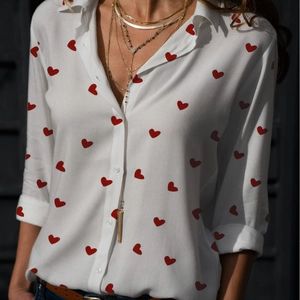 Elegant white long sleeve cardigan shirt with red heart patterns for women