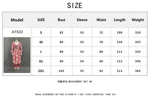 Tableau des tailles détaillé pour la robe longue imprimée à col en V de la taille S à 2XL
