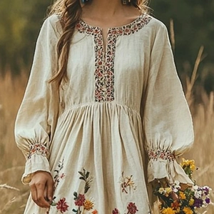 Robe longue bohème avec broderie florale et manches bouffantes en décor d'automne