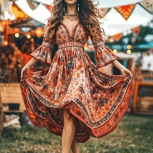 Robe Maxi Bohème Imprimé Floral Pour Femmes Vintage Col en V Manche Trompette Robe Longue Smockée Élégante Été Automne Plage Soirée