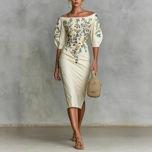 Robe Midi Femme Élégante Épaules Dénudées Broderie Manche Lanterne Coupe Cintrée Ourlet Fendu Floral Patchwork Robe de Fête