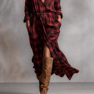 Women's red and black plaid shirt dress with waist tie and side slits for autumn