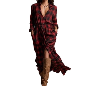 Women long red and black plaid shirt dress with waist tie and side slits for autumn