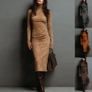 Elegant slim fit long sleeve high neck suede midi dress for women in camel brown