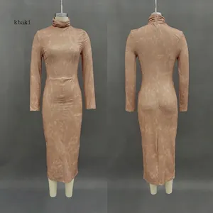 Detail of khaki long sleeve bodycon dress showing marble texture and high neck fit