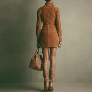 Detail of caramel suede mini dress featuring a back zipper and a slim French-style fit