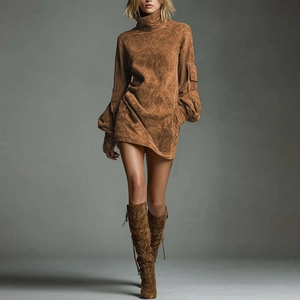 Robe Courte Femme en Faux Daim Col Montant Manches Lanterne Coupe Slim Couleur Unie Caramel Automne Hiver Mode Décontractée