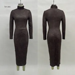 Detailed front and back views of a slim-fit dark brown marble print long sleeve midi dress