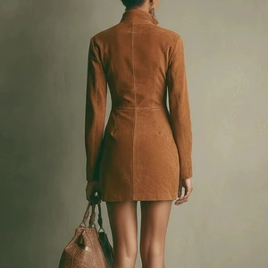Detail of the back tailoring and seam lines on a brown suede long sleeve mini dress