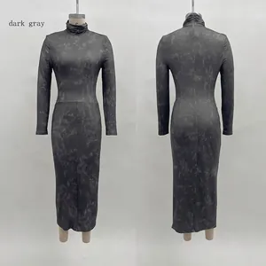 Detailed view of a dark gray slim-fit maxi dress featuring marble texture and high neck