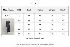 Size chart showing S-2XL dimensions for the long sleeve wrap dress with knot detail
