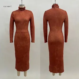Detailed front and back view of caramel slim-fit turtleneck maxi dress with subtle texture