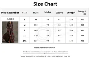 Detailed size chart for long sleeve vintage digital print maxi dress with measurements