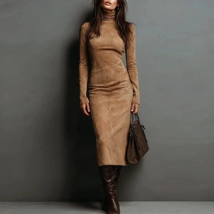 Detail of brown suede slim-fit midi dress with turtleneck and elegant long sleeves