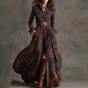 Detail of multi-color plaid maxi shirt dress featuring a lapel collar and buttoned pockets