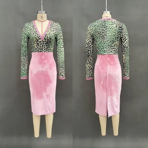 Front and back detail of velvet patchwork dress with V-neck and leopard print bodice