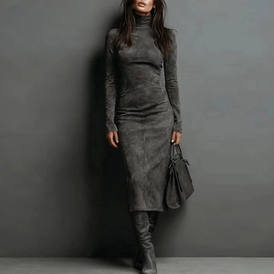 Close-up of the washed texture fabric on this slim-fit midi dress with high collar