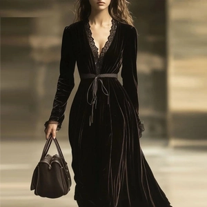 Elegant vintage velvet V-neck midi dress with lace trim and waist tie in dark brown