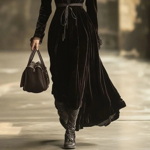 French retro dark velvet long sleeve maxi dress with cinched waist for autumn winter