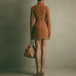French style brown faux suede long sleeve mini dress with a zip stand collar for women