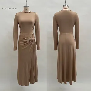 Detailed front and back view of long sleeve wrap dress in milk tea color with side slit
