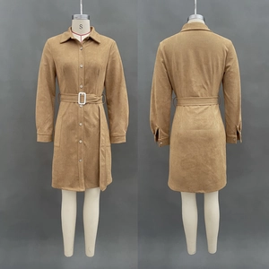 Front and back view of camel faux suede long sleeve dress with belt and buttons