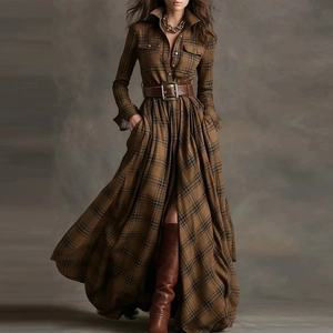Detail of vintage brown plaid maxi dress with button pockets and leather belt