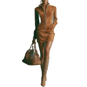 Women's brown suede long sleeve mini dress with front zipper and stand collar