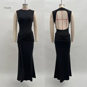 Detailed front and back view of a slim fit sleeveless black maxi dress with ruched waist