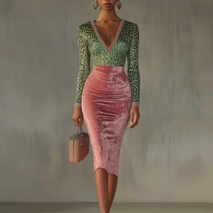 Women's Leopard Print Velvet Patchwork V-Neck Bodycon Midi Dress Long Sleeve Beaded Slim Fit Party Clubwear Dress