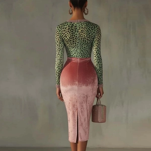 Slim leopard print top and pink velvet high waist pencil skirt set for women fashion
