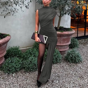 Detail of dark grey ruched dress with asymmetric hem and side tail design