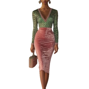 Green leopard print V-neck top and pink velvet high waist bodycon midi dress