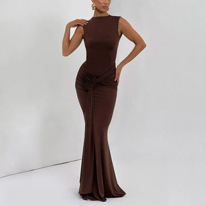Detail of the twisted knot design and pleated texture on this dark brown sleeveless maxi dress