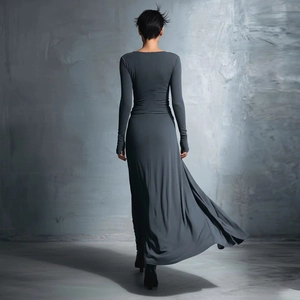 Back view of elegant charcoal grey long sleeve wrap dress with draped A-line skirt