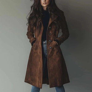 Detail of a brown suede long coat featuring lapel collar and single-breasted button design
