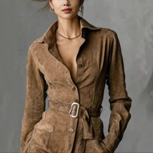 Brown faux suede button-up mini dress with lapel collar and waist belt for women