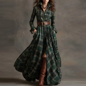 Green plaid long-sleeve maxi shirt dress with collar and pockets for women